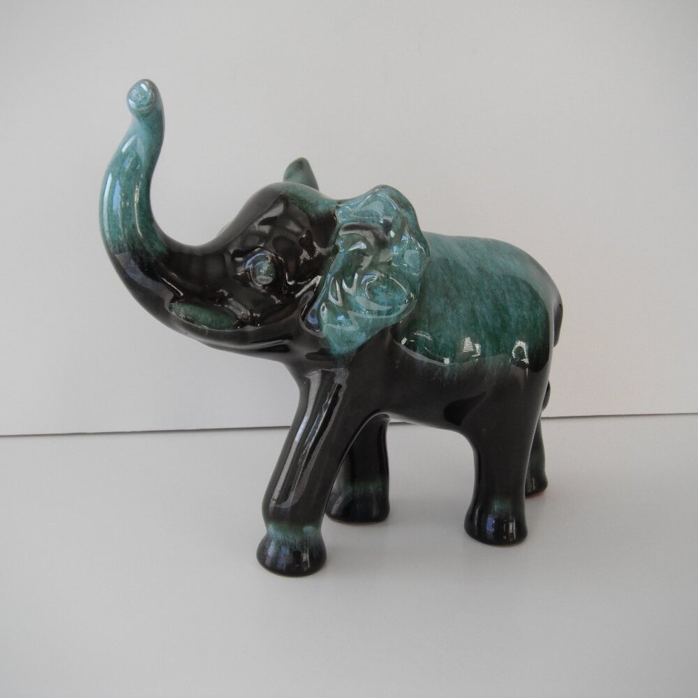 Vintage Blue Mountain Pottery Elephant Figurine Black & Green 8 " Tall Trunk Up